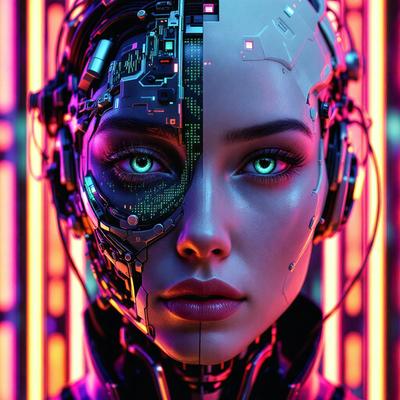 The primary subject of the image is a woman with a futuristic, cyberpunk appearance. She has a mix of human and robotic features, including a robotic face and a human body. The setting is a futuristic environment, possibly a neon-lit cityscape. The visual style is a combination of photo and digital art, creating a unique and intriguing image. The colors and mood of the image are predominantly neon and futuristic, evoking a sense of mystery and intrigue